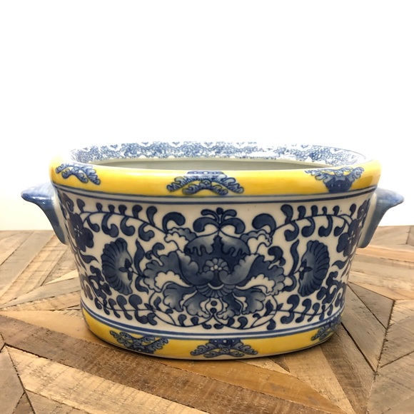 Asian Planter Blue Yellow Floral Porcelain